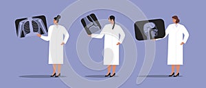 Doctors with MRI images of lungs, brain, joint, flat vector stock illustration with computer tomogram or MRI and doctors isolated