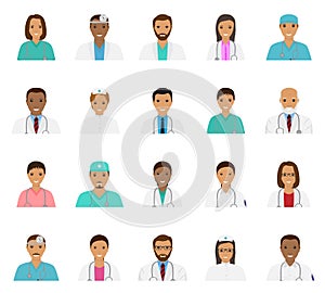 Doctors and nurses characters avatars set. Medical people icons of faces.