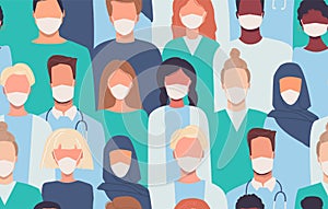 Doctors, nurses, healthcare workers, medical staff. Vector seamless pattern in flat style with people of different