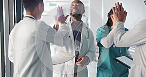 Doctors, nurses and high five, teamwork or healthcare success with hospital news, results or group goals. Medical people