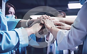 Doctors and nurses in a medical team stacking hands mutual support, encouragement health and medical concept. Generative ai