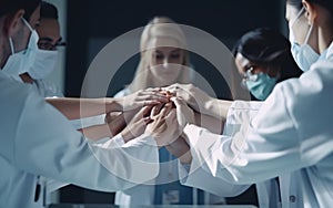 Doctors and nurses in a medical team stacking hands mutual support, encouragement health and medical concept. Generative ai