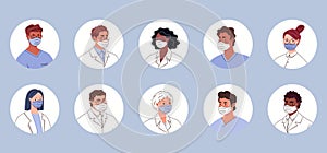 Doctors and nurses portraits, medical specialists. Staff, healthcare hospital team in protective masks.