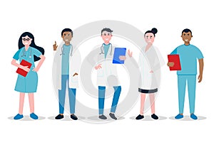 Doctors and nurses standing and hold clipboards flat style vector illustration