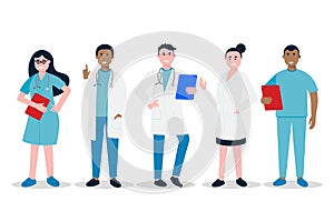 Doctors and nurses standing and hold clipboards flat style vector illustration photo