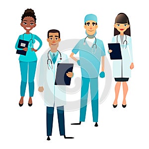 Doctors and nurses team. Cartoon medical staff. Medical team concept. Surgeon, nurse and therapist on hospital