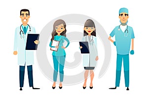 Doctors and nurses team. Cartoon medical staff. Medical team concept. Surgeon, nurse and therapist on hospital