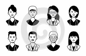 Doctors and nurses in uniform with stethoscope line and bold black silhouette icons set