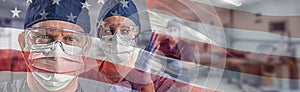 Doctors or Nurses Wearing Medical Personal Protective Equipment PPE Within Hospital Against Ghosted American Flag Banner