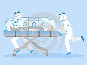 Doctors in personal protective suit Move Seriously Patient Lying on a Bed Stretcher Negative Pressure for quarantine of infected