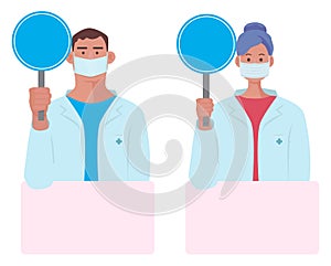Doctors with plates and empty banners. Medical staff attention, doctor holding placard. Healthcare and medicine vector