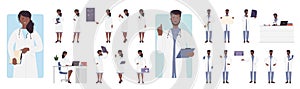 Doctors pose set, woman and woman with stethoscope, medical robes holding first aid box