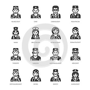 Doctors professions flat glyph icons. Medical occupations - surgeon, cardiologist, dentist therapist, physician, nurse