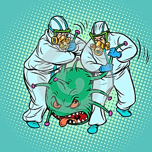 Doctors in protective suits and a coronavirus. Humor caricature. The virus was arrested as a criminal