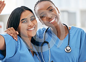 Doctors, selfie and women friends at hospital smile for photograph together with stethoscope. Happy, healthcare and