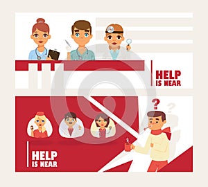 Doctors team avatars and other hospital workers set of banners vector illustration. Medicine professionals and medical