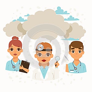 Doctors team and other hospital workers with equipment banner vector illustration. Medicine professionals and medical