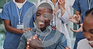 Doctors, teamwork and people applause in hospital for good news, achievement and medical success. Healthcare, clinic and