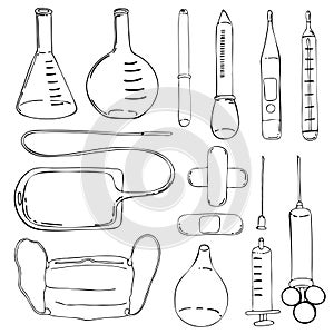 Doctors tool set. Doodle items on a medical theme. Vector illustration