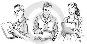 Doctors working set Vector sketch storyboard. Detailed character illustrations