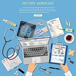 Doctors Workplace and Medical Diagnostics Concept