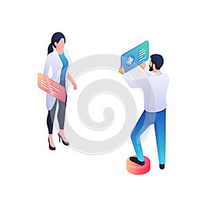 Doctors write online medical history isometric illustration. Male and female characters set up web panels with patient