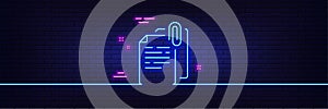 Document attachment line icon. File with paper clip sign. Neon light glow effect. Vector