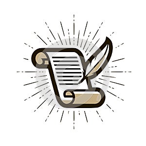 Document, contract logo or label. Literature, letter, quill pen and paper icon. Vector illustration