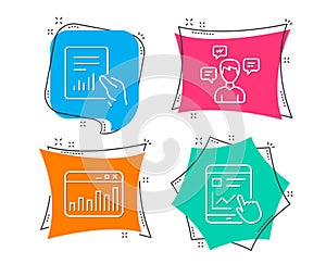 Document, Conversation messages and Marketing statistics icons. Internet report sign.