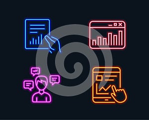 Document, Conversation messages and Marketing statistics icons. Internet report sign.