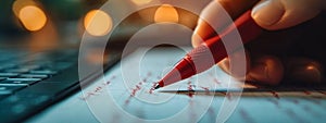 Document corrections Hand with red pen, keyboard, blurred background