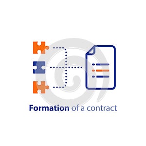 Document creation, formation of a contract, terms and conditions settlement agreement, vector icon