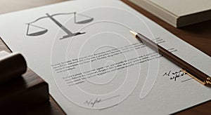 Document on a desk featuring a printed scale of justice, symbolizing law and fairnes