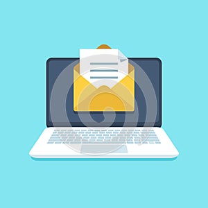 Document email on notebook. Mail letter with documents for signing on computer screen. Inbox notification vector