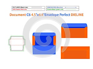 Document envelope C6 4.5x6.4 inch dieline template and 3D envelope editable easily resizable