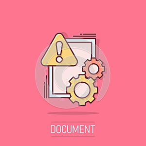 Document error icon in comic style. Broken report cartoon vector illustration on isolated background. Damaged splash effect