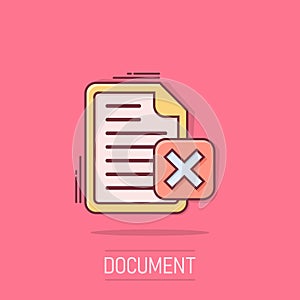 Document error icon in comic style. Broken report cartoon vector illustration on isolated background. Damaged splash effect