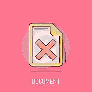 Document error icon in comic style. Broken report cartoon vector illustration on isolated background. Damaged splash effect