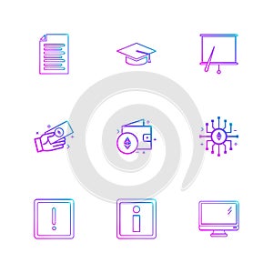 document , file , convocation cap , board , chart , monitor , ic, wallet , money , exclimination , 9 eps icons set vector