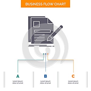 document, file, page, pen, Resume Business Flow Chart Design with 3 Steps. Glyph Icon For Presentation Background Template Place