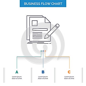 document, file, page, pen, Resume Business Flow Chart Design with 3 Steps. Line Icon For Presentation Background Template Place