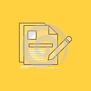document, file, page, pen, Resume Flat Line Filled Icon. Beautiful Logo button over yellow background for UI and UX, website or