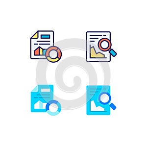 Document and file search icon in various design. Colourful vector illustration with magnifier loupe. Premium Vector