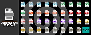 Document file type audio flat icon set. extension, format, archive, folder files. can be used for website, ui, mobile app,