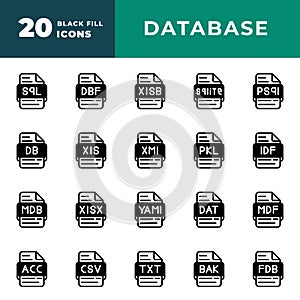 Document file type icon Set. files and extension format icons. black fill design, sql, xml, csv. vector illustration