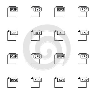 Document file types line icons set