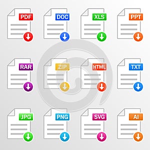 Document files. Icon set. Download file formats - pdf, doc, xls, ppt, rar, zip, html, txt, jpg, png, svg, ai. Vector