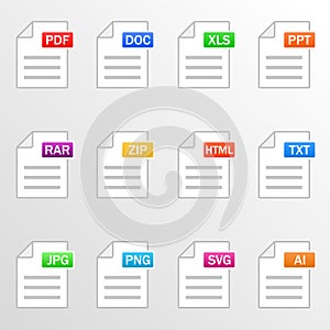 Document files. Icon set. File formats - pdf, doc, xls, ppt, rar, zip, html, txt, jpg, png, svg, ai. Vector