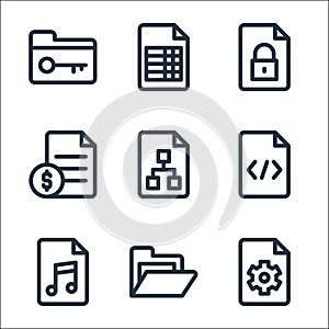 Document and files line icons. linear set. quality vector line set such as settings, folder, music, coding, analytics, file,