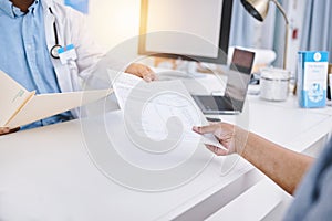 Document, folder and doctor hands with patient giving information for medical history and health insurance. Professional